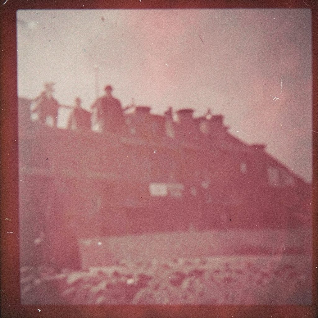 Group photograph of community members gathered outdoors, washed-out olive greens and warm sand tones, film grain throughout.